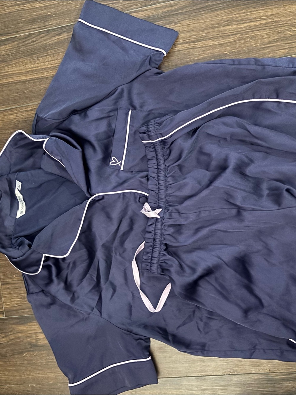 Navy Satin Pajama Set with White Piping